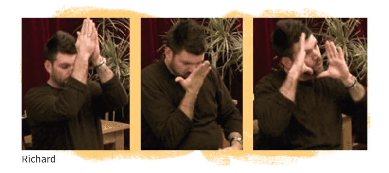 Artistas fazendo mímica de um lápis