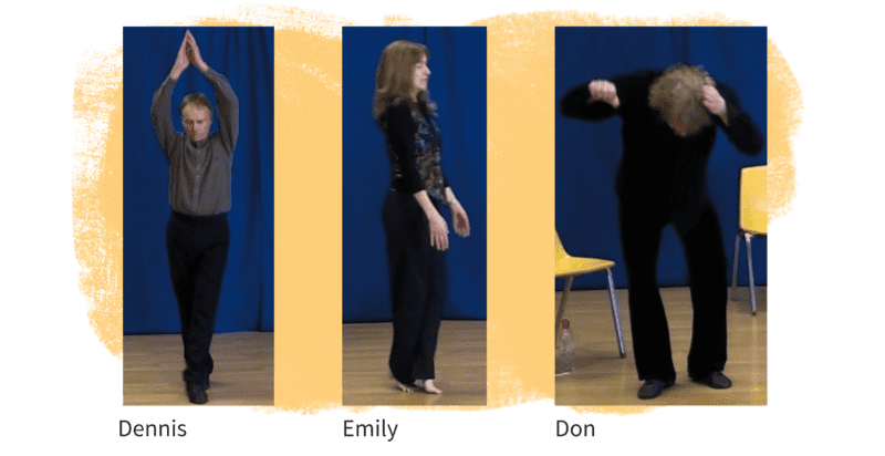 Artistas fazendo mímica de um lápis